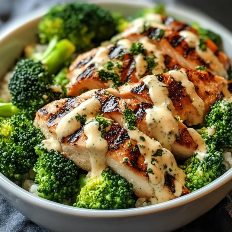 Grilled Chicken & Broccoli Bowls with Creamy Garlic Sauce