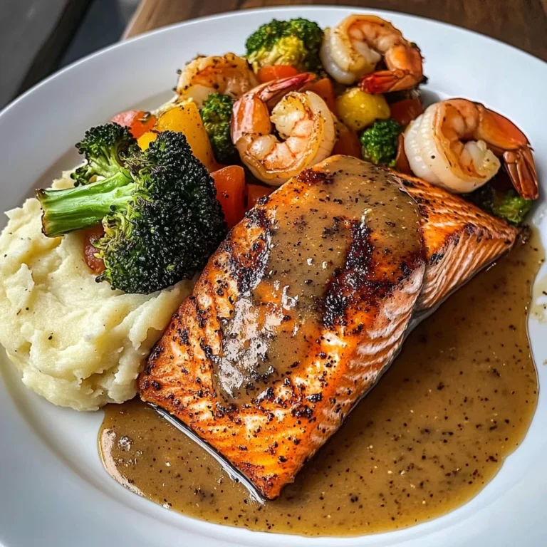 Cajun Salmon with Garlic Mashed Potatoes & Shrimp-Broccoli Saut