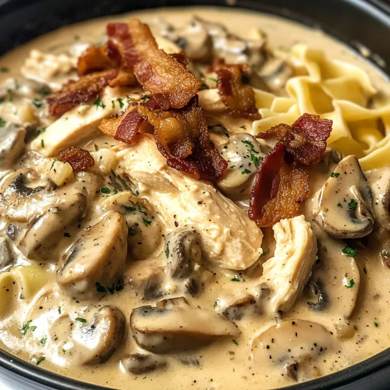 Creamy Slow Cooker Chicken Bacon Stroganoff with Mushrooms & Herbed Noodles