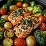 Garlic Butter Salmon with Roasted Veggies & Baby Potatoes