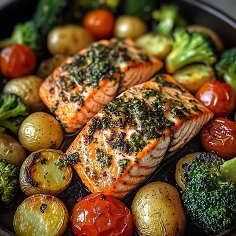 Garlic Butter Salmon with Roasted Veggies & Baby Potatoes