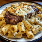 Garlic Cream Steak with Rigatoni in Provolone Cream Sauce