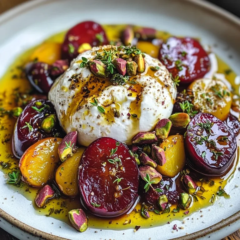 Burrata with Roasted Plums, Pistachios & Thyme