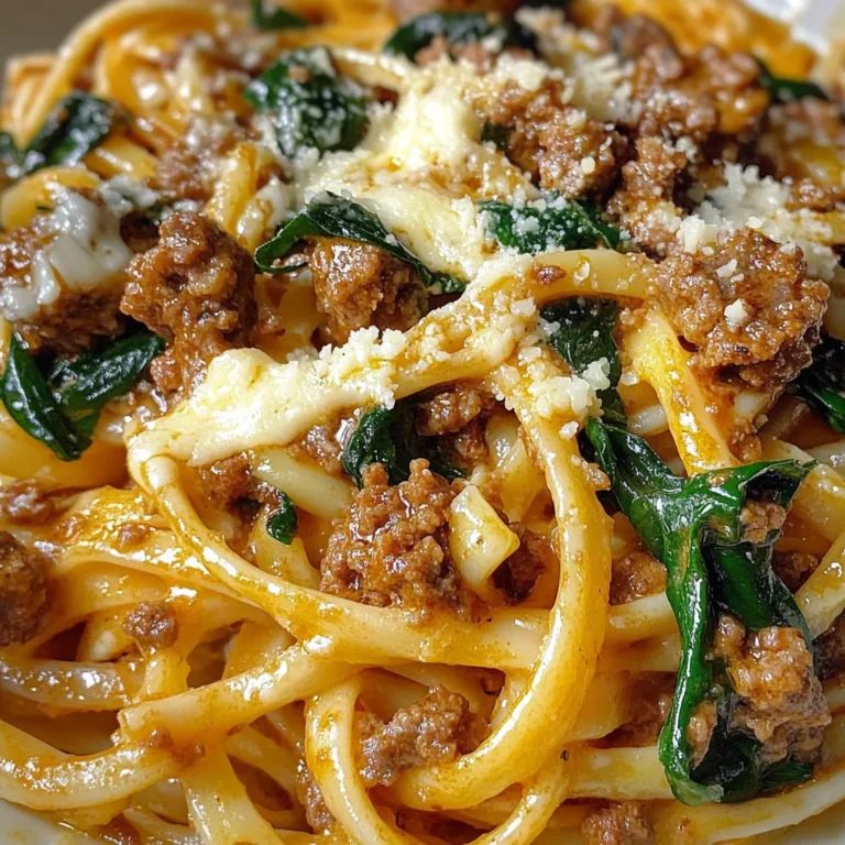 Garlic Butter Cheesy Linguine with Beef, Sausage and Spinach