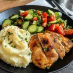 Golden Pan-Seared Chicken Breast with Creamy Mashed Potatoes & Fresh Garden Salad