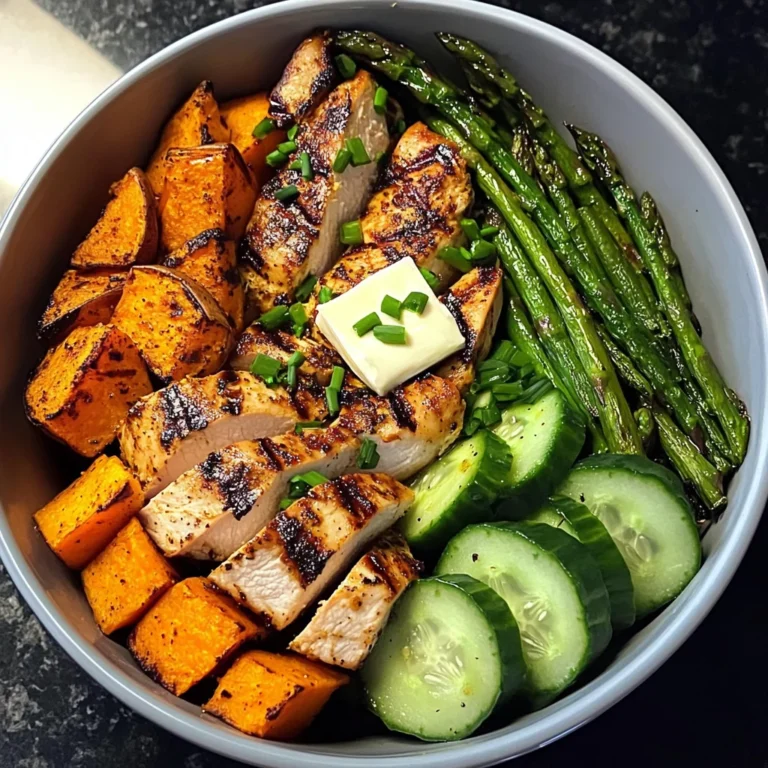 Grilled Chicken Bowl with Sweet Potato, Asparagus & Cucumber Medley