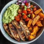 Grilled Chicken Power Bowl with Spiced Sweet Potato Wedges & Avocado Cream