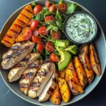 Grilled Chicken Power Plate with Sweet Potatoes & Avocado Salad