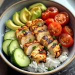 Grilled Chicken Rice Bowl with Avocado, Cucumber & Cherry Tomatoes