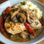 Pan-Seared Chicken with Pepper & Mushroom Gravy and Creamy Mashed Potatoes