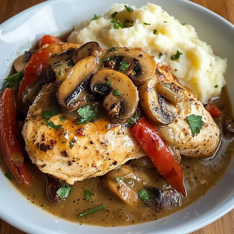 Pan-Seared Chicken with Pepper & Mushroom Gravy and Creamy Mashed Potatoes