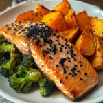 Sesame Glazed Salmon with Sweet Potato Wedges & Broccoli