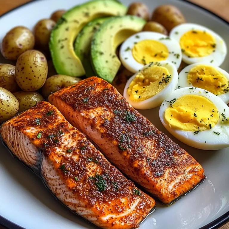Spiced Salmon with Garlic Herb Potatoes, Avocado & Soft-Boiled Eggs