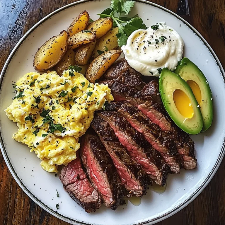 Steak, Cheesy Scrambled Eggs & Herb Potatoes